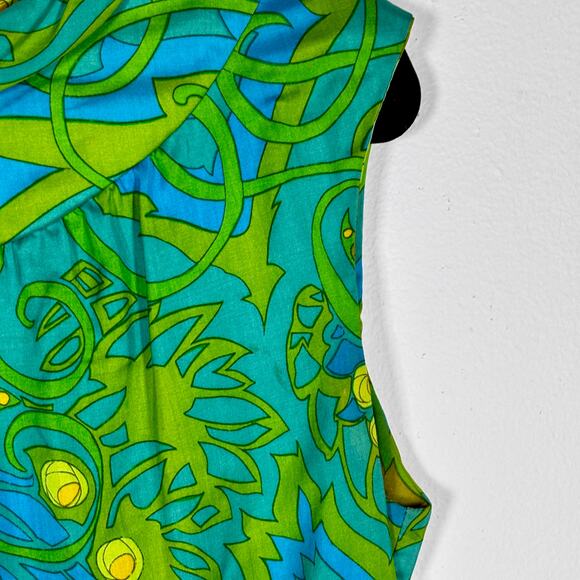 Vintage 1960s Psychedelic Shift Dress Blue Green Yellow Floral Tropical Print - Picture 5 of 16
